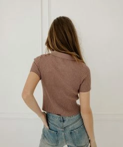 BT TOPS Bentley Collared Ribbed Zip Up Top - Espresso