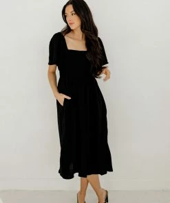 BT Chantel Linen Smocked Pocketed Midi Dress BUMP FRIENDLY