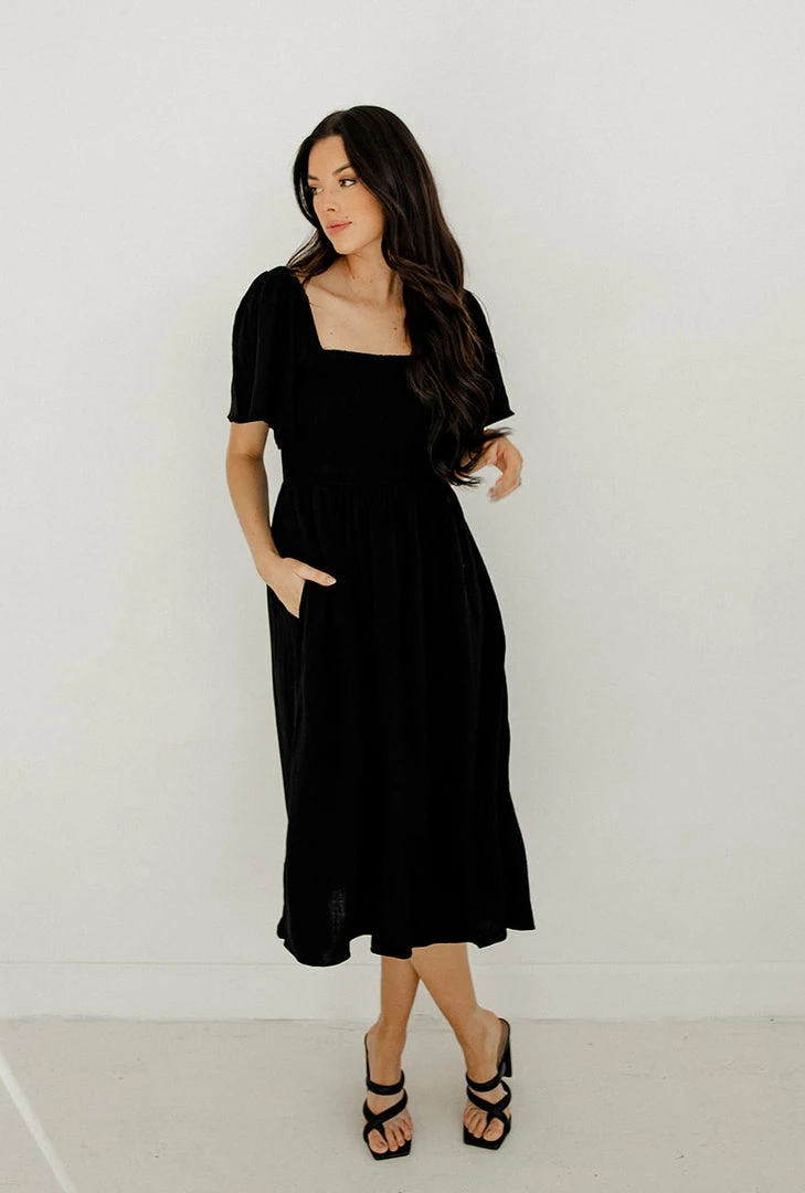 BT Chantel Linen Smocked Pocketed Midi Dress BUMP FRIENDLY 3 BT Chantel Linen Smocked Pocketed Midi Dress BUMP FRIENDLY