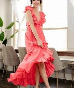 DO + BE COLLECTION Emily Ruffled High Low Maxi Dress - Coral BRIDAL