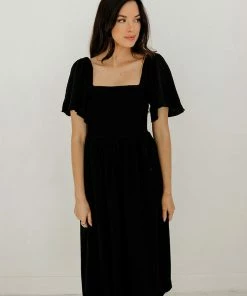 BT Chantel Linen Smocked Pocketed Midi Dress BUMP FRIENDLY