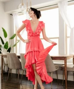 DO + BE COLLECTION Emily Ruffled High Low Maxi Dress - Coral BRIDAL