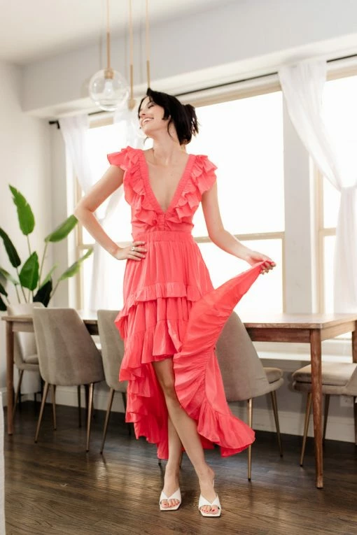 DO + BE COLLECTION Emily Ruffled High Low Maxi Dress - Coral BRIDAL