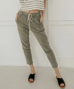 WL Karissa Drawstring Corduroy Pocketed Pants - Olive