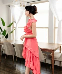 DO + BE COLLECTION Emily Ruffled High Low Maxi Dress - Coral BRIDAL