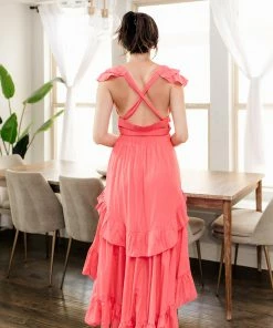 DO + BE COLLECTION Emily Ruffled High Low Maxi Dress - Coral BRIDAL