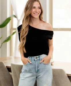 BT Good Times Draped Ribbed Knit Top - Black MADE IN THE USA