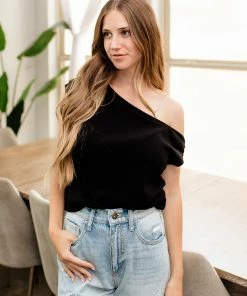 BT Good Times Draped Ribbed Knit Top - Black MADE IN THE USA