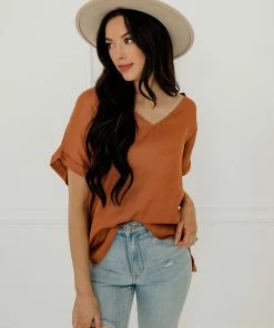 BT TOPS Haven Satin Blouse - Terracotta