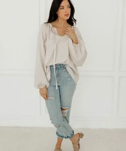 BT Harlow Satin Split Neck Blouse - Pearl BEST SELLERS