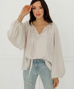 BT Harlow Satin Split Neck Blouse - Pearl BEST SELLERS