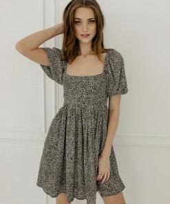 BT Murphy Leopard Puff Sleeve Babydoll Dress ANIMAL PRINT