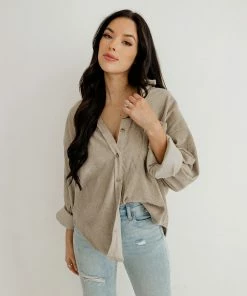 WL TOPS Cayla Corduroy Button Down Pocket Top - Mocha