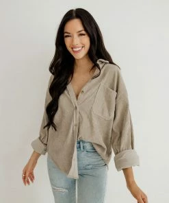 WL TOPS Cayla Corduroy Button Down Pocket Top - Mocha