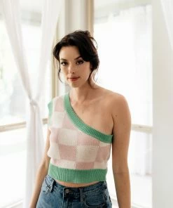 LE LIS TOPS Cope Checkered One Shoulder Top