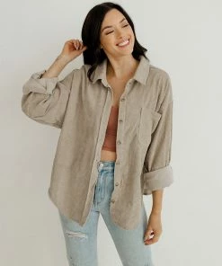 WL TOPS Cayla Corduroy Button Down Pocket Top - Mocha