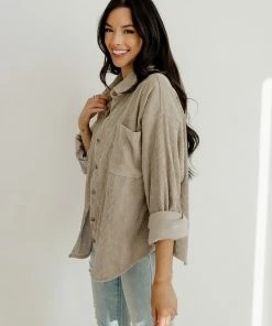 WL TOPS Cayla Corduroy Button Down Pocket Top - Mocha