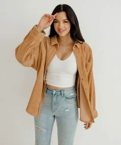 WL Cayla Corduroy Button Down Pocket Top - Camel TOPS