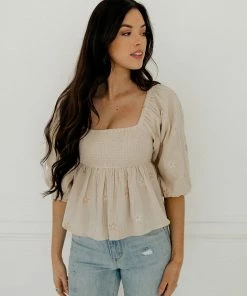 BT BEST SELLERS Nolana Floral Embroidery Balloon Sleeve Smocked Top