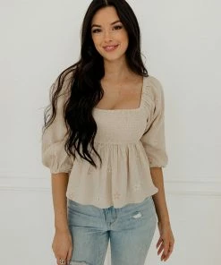 BT BEST SELLERS Nolana Floral Embroidery Balloon Sleeve Smocked Top