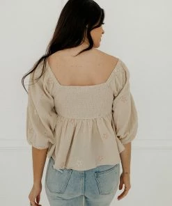 BT BEST SELLERS Nolana Floral Embroidery Balloon Sleeve Smocked Top