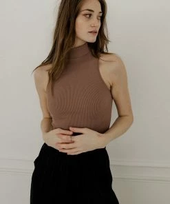 BT Molly Seamless Ribbed Mock Neck Top - Mocha TOPS
