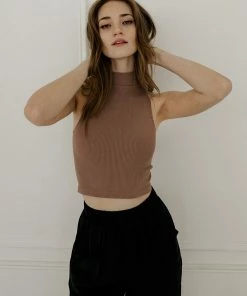 BT Molly Seamless Ribbed Mock Neck Top - Mocha TOPS