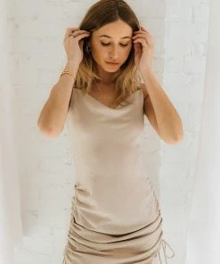 BT Tessa Ruched Satin Dress - Taupe DATE NIGHT