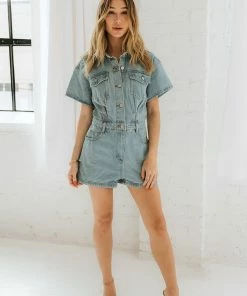 LE LIS Sora Pocketed Denim Romper ROMPERS + JUMPSUITS