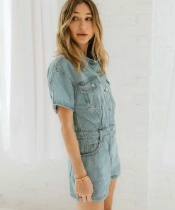 LE LIS Sora Pocketed Denim Romper ROMPERS + JUMPSUITS