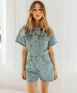 LE LIS Sora Pocketed Denim Romper ROMPERS + JUMPSUITS