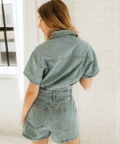 LE LIS Sora Pocketed Denim Romper ROMPERS + JUMPSUITS