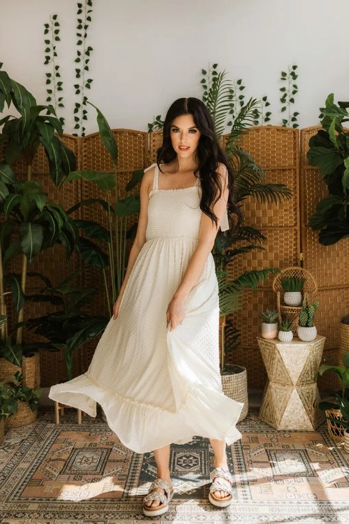 BT BRIDAL Kelsey Swiss Dot Smocked Tie Maxi Dress