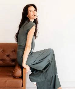 BT MATCHING SETS Tamra Wide Leg Satin Pants- Hunter Green