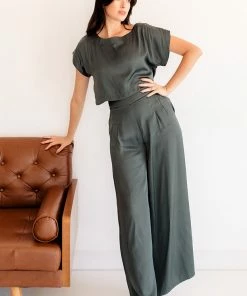 BT MATCHING SETS Tamra Wide Leg Satin Pants- Hunter Green