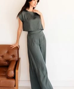 BT MATCHING SETS Tamra Wide Leg Satin Pants- Hunter Green