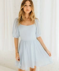 MITTOSHOP Connolly Pocketed Puff Sleeve Dress - Blue