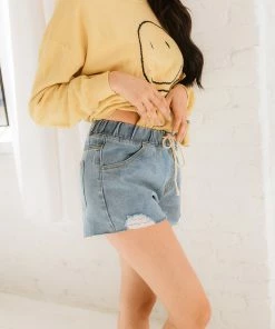 WL BOTTOMS Tilda Distressed Drawstring Denim Shorts