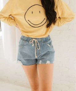 WL BOTTOMS Tilda Distressed Drawstring Denim Shorts
