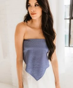 ENDLESS BLU TOPS Iyla Satin Jacquard Tube Top - Blue