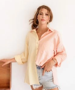 BT TOPS Lemonade Breeze Color Block Button Down Top
