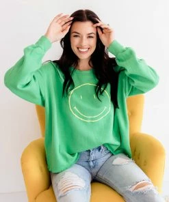 BT Happy Day Smiley Face Pullover Sweater- Green