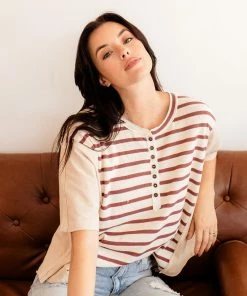 BT Bobbi Henley Striped Button Down Tee