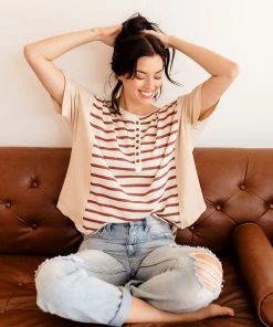 BT Bobbi Henley Striped Button Down Tee