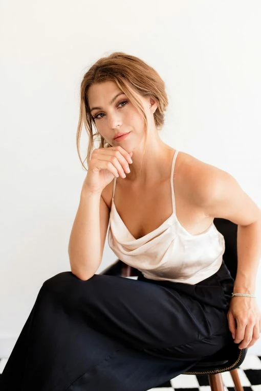 BT Keira Satin Cowl Neck Tank - Pearl