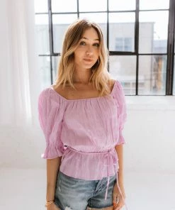 MADE WITH LOVE Jazmine Puff Sleeve Peplum Top - Pink