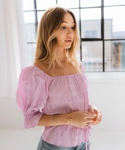 MADE WITH LOVE Jazmine Puff Sleeve Peplum Top - Pink