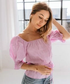 MADE WITH LOVE Jazmine Puff Sleeve Peplum Top - Pink