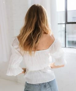 MADE WITH LOVE Jazmine Puff Sleeve Peplum Top - White BRIDAL