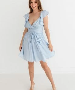 ONE & ONLY COLLECTIVE Call Me Angel Satin Ruffle Dress - Blue
